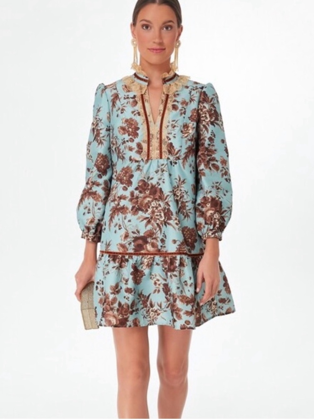 Tuckernuck Blue Floral Puff-Sleeve Ruffled Dress with Brown Print